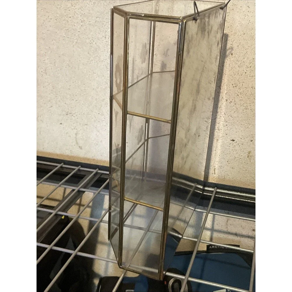 Vintage Etched Glass Brass Display Case Curio Cabinet Mirrored Back Wall Shelf